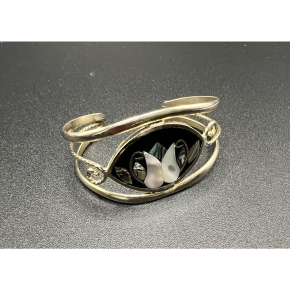 Signed Alpaca Mexico Silver Floral Mother Of Pearl Abalone Cuff Bracelet Vintage - Picture 2 of 3